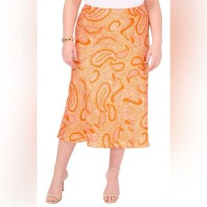 1.STATE Mai Tai Satin Midi Skirt Russet Orange Abstract Print Size 8 NWT
